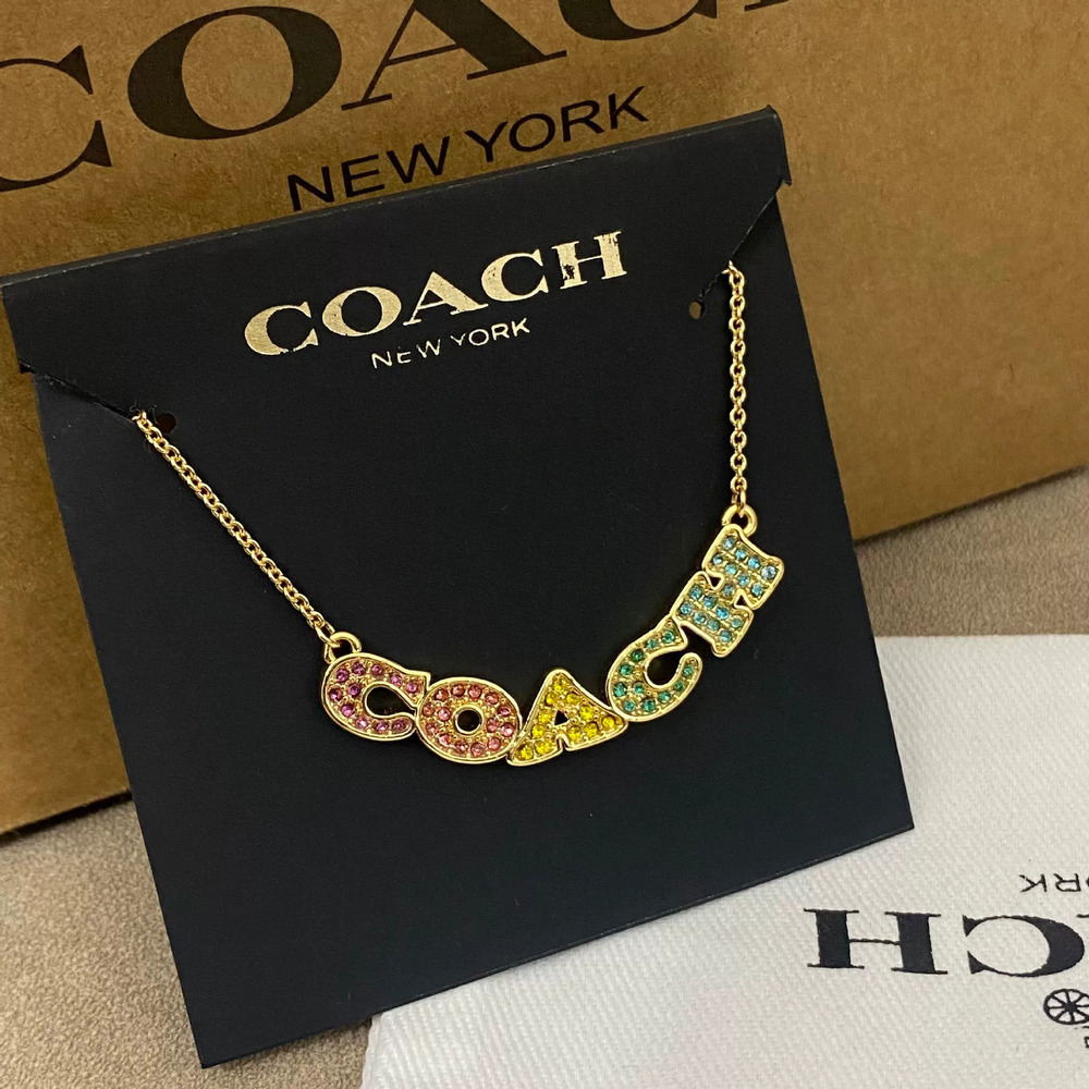 Coach Curved Letter Choker Colored Diamond Inlay Metal Chain